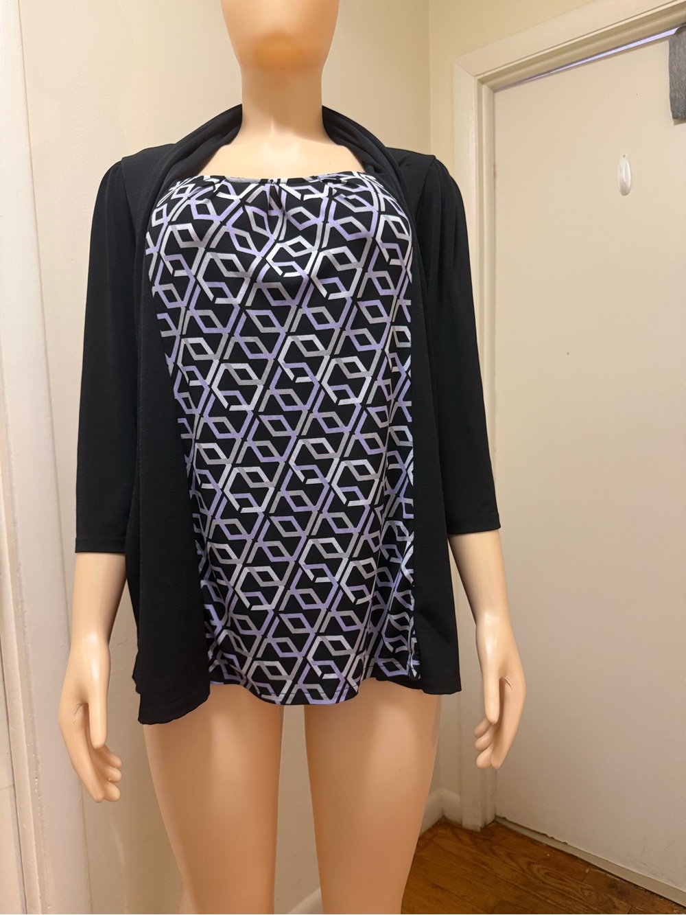 East 5th Black Tank with Lavender Geometric Print and Black Open Cardigan
